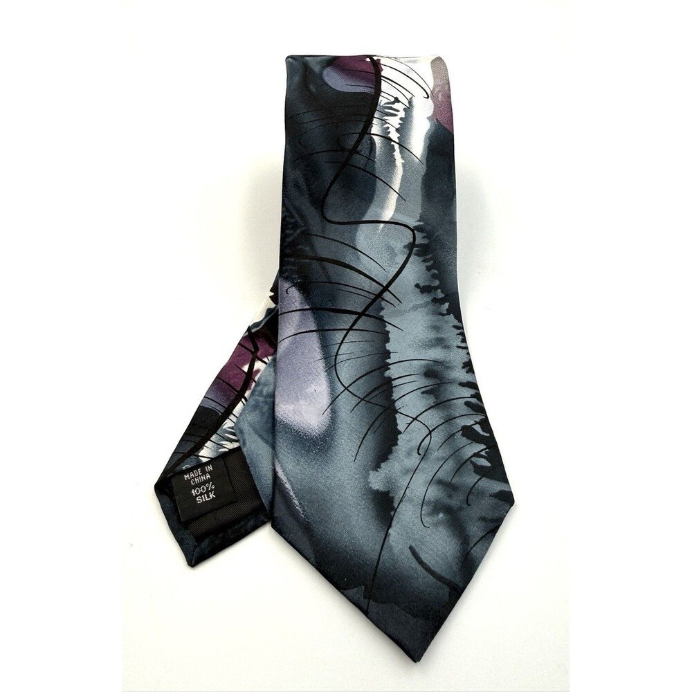 New Garcia Silk Necktie Shaman Collection Abstract Design Gray, Black, and Plum